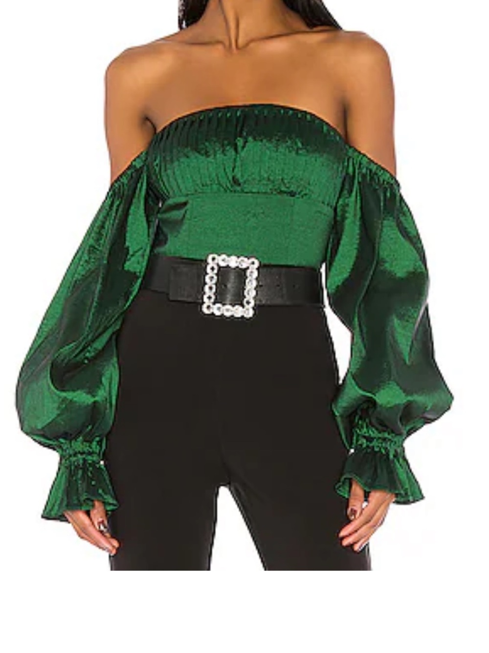 Lovers + Friends Emerald Green Off-Shoulder Satin Blouson Sleeve Crop Top